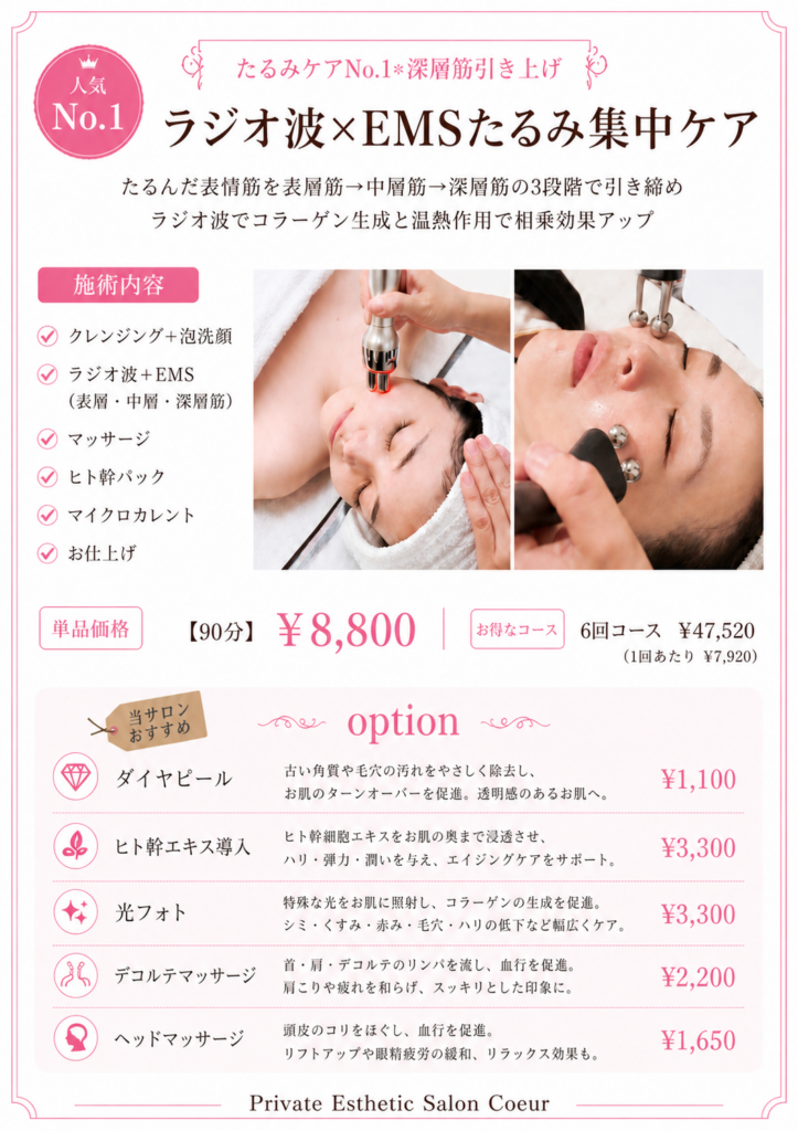 ラジオ波とEMSによるたるみ集中フェイシャルケア施術